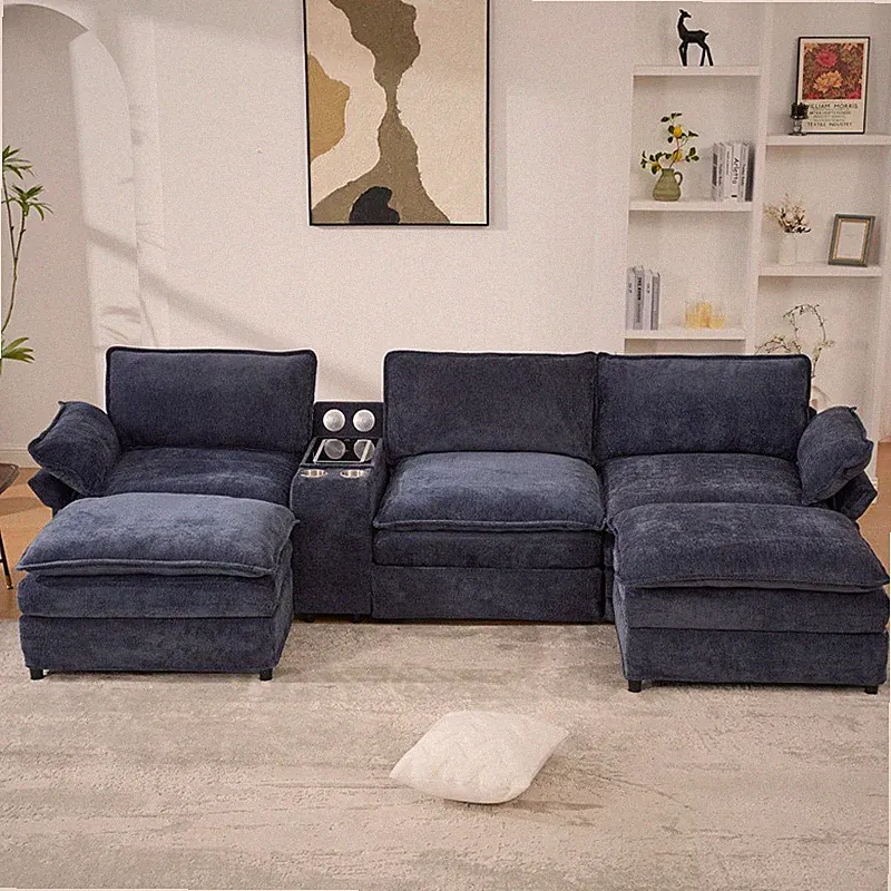 U Shaped Modular Sectional Sofa w/Storage Console,Cup Holders,Movable Footstools
