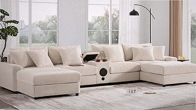 U-Shaped Modular Sectional Sofa with Bluetooth Speakers and Console Cream