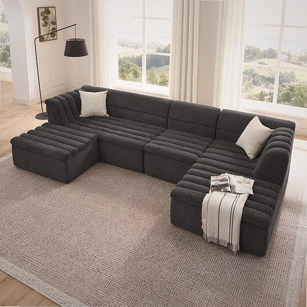 U-Shaped Modular Sectional Sofa with Chaise & Ottoman, Chenille