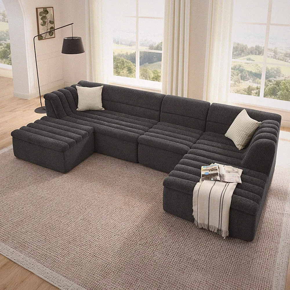 U-Shaped Modular Sectional Sofa with Chaise & Ottoman, Chenille, Black