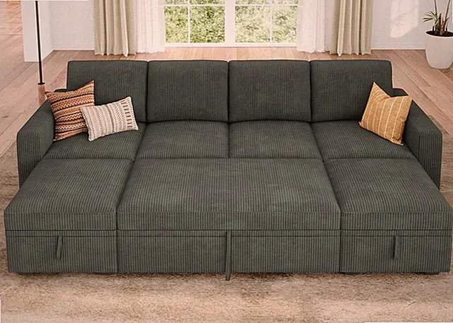 U-Shaped Modular Sleeper Sofa Bed with Storage Ottoman in Green Corduroy
