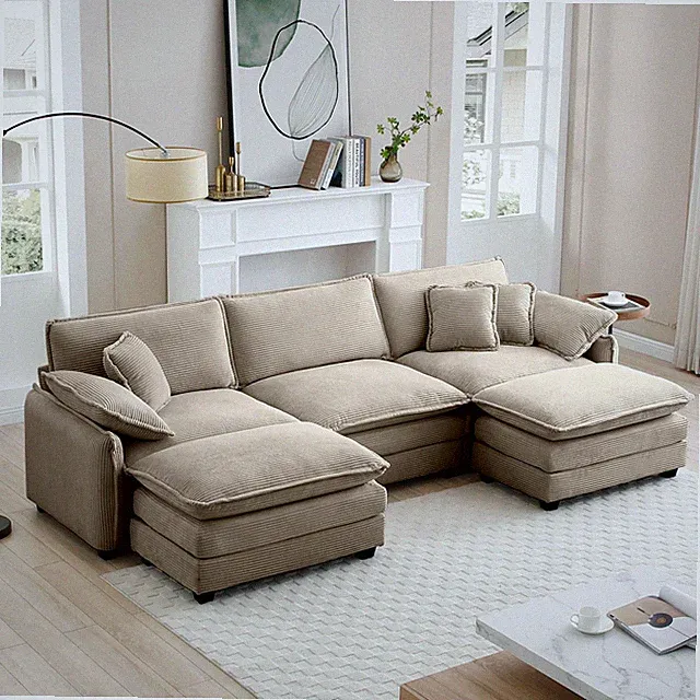 U-Shaped Modular Sofa Bed Ottoman, 3-Section Corner Couch in Camel Corduroy