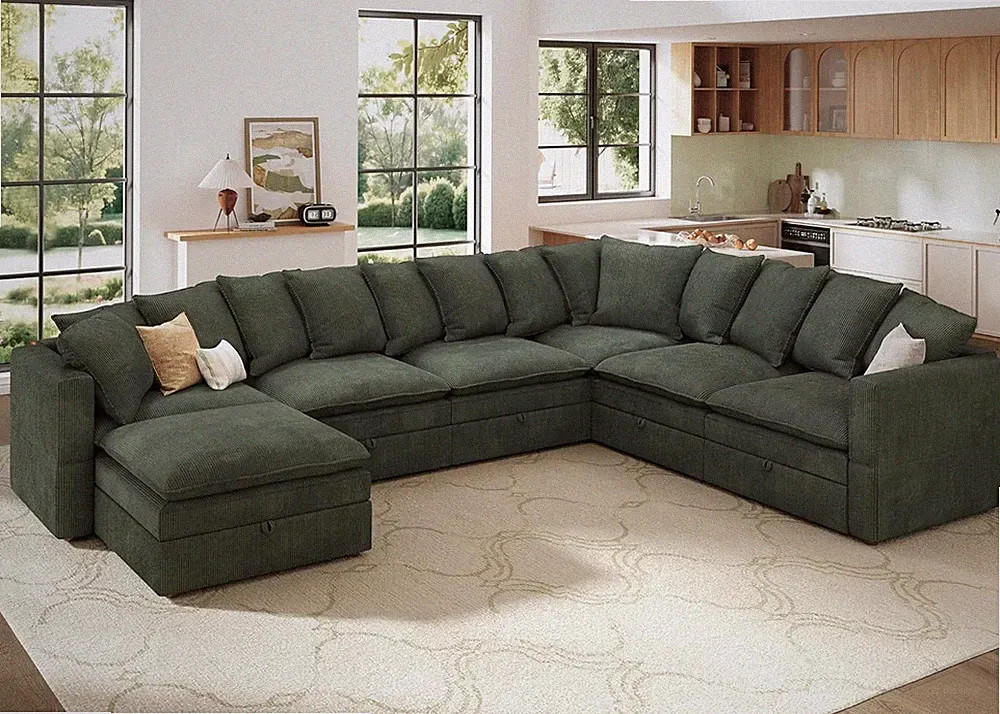 U-Shaped Modular Sofa with Storage, Green Corduroy Sectional Couch