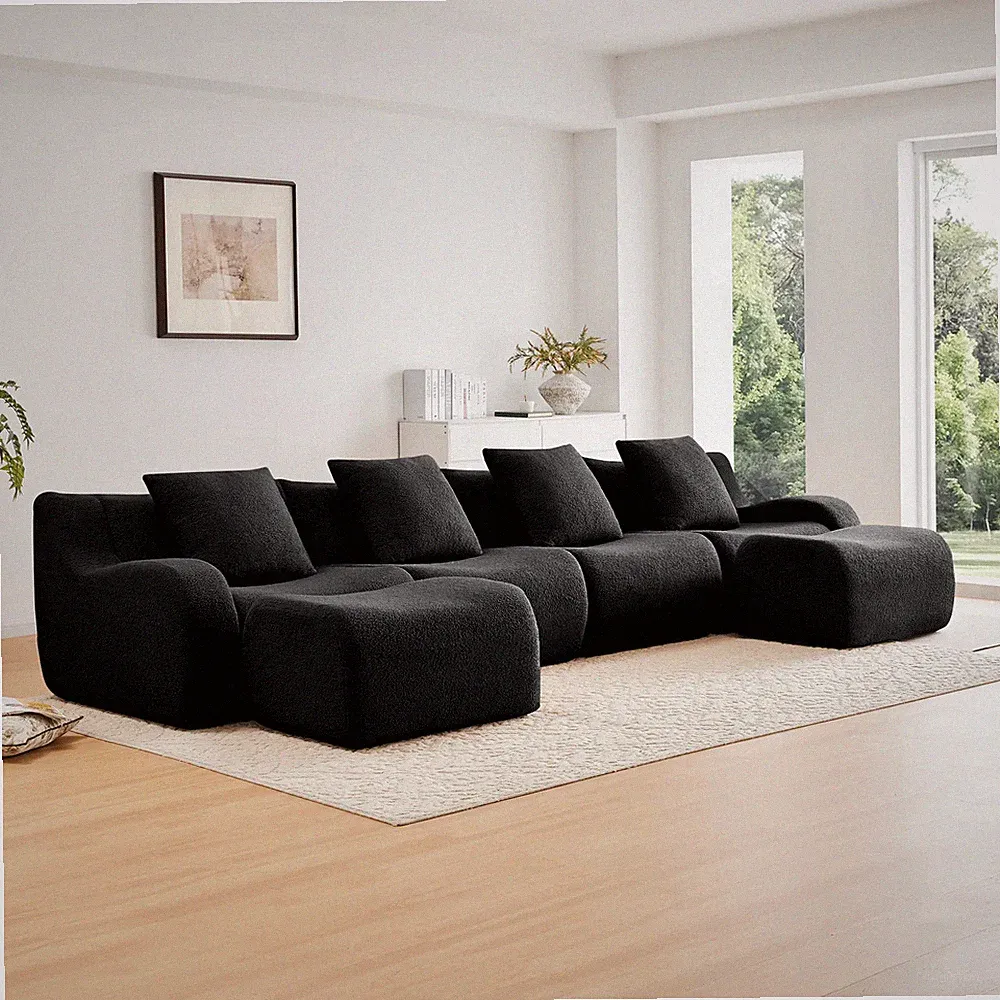 U-Shaped Modular Teddy Fabric Sectional Sofa with Curved Armrests Black