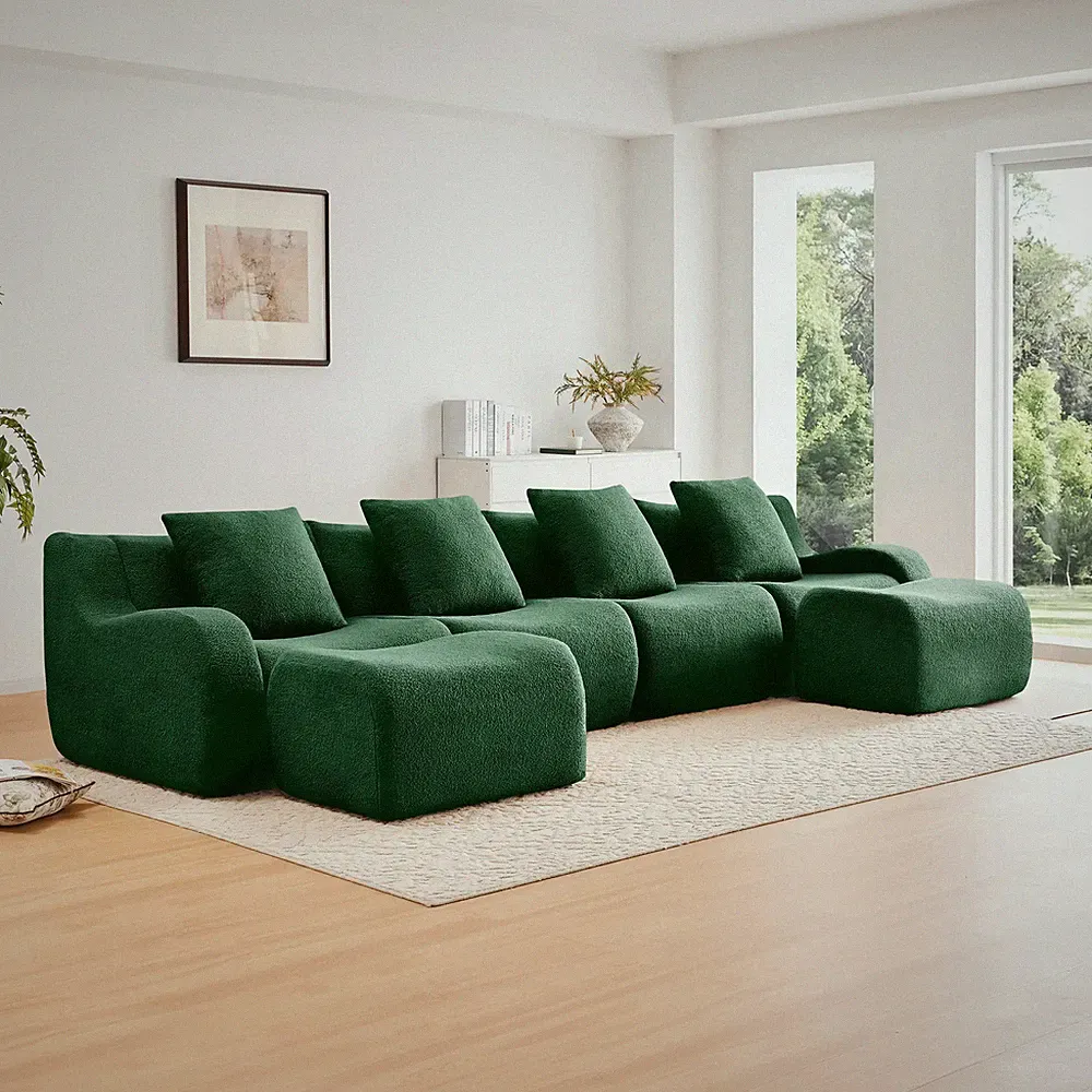 U-Shaped Modular Teddy Fabric Sectional Sofa with Curved Armrests Green