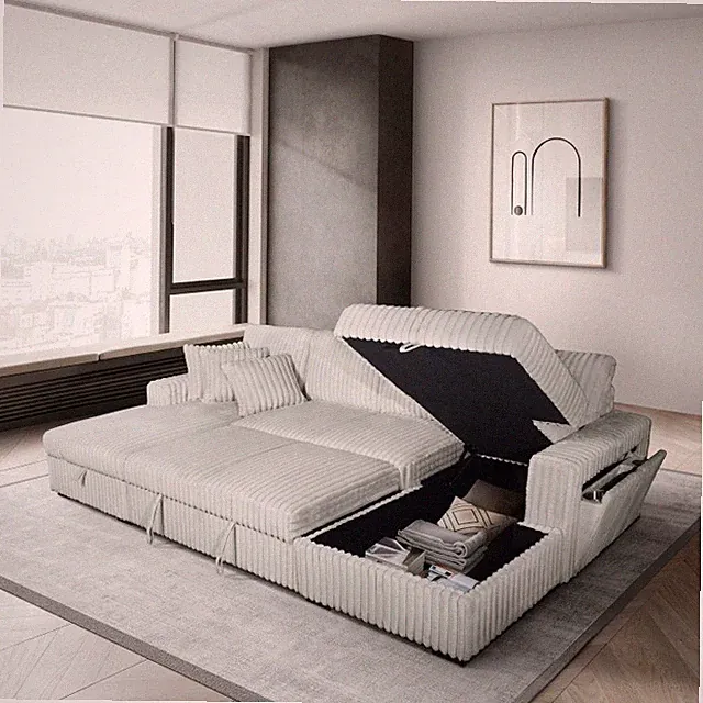 U-Shaped Pull Out Sectional Sofa w/ Storage Chaise + USB Port & Pillows, Silver