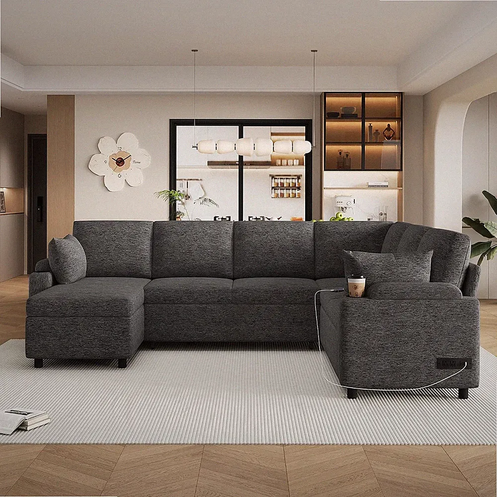 U Shaped Pull Out Sleeper Sectional Sofa Bed Modern Corner Convertible Sleeper C