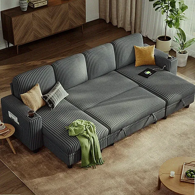 U-Shaped Pull Out Sofa Bed with Storage - Plush Corduroy Sectional (Grey)