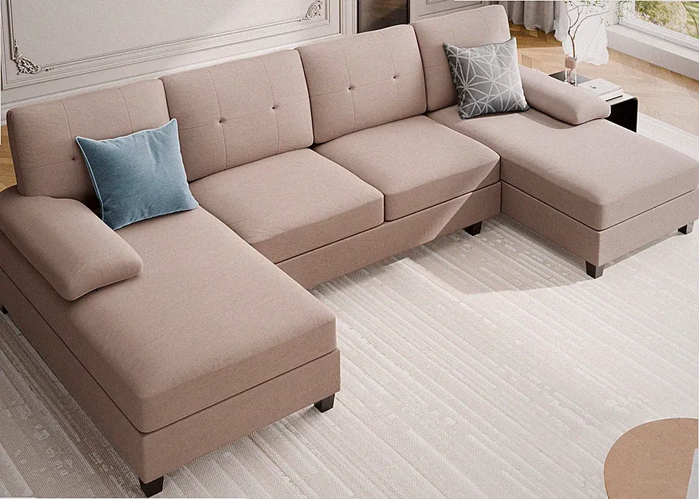 U Shaped Sectional Couch 106 inch 4 Seat Armrest Beige
