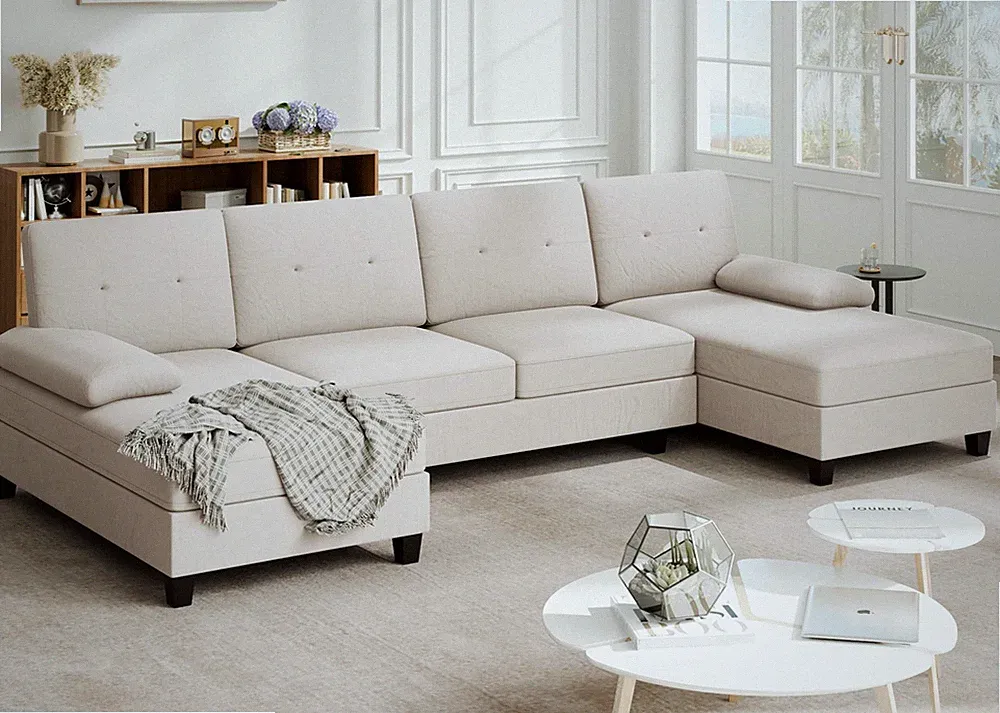 U Shaped Sectional Couch with Linen Fabric 4 for Seat Sofa Removable Pillows Whi