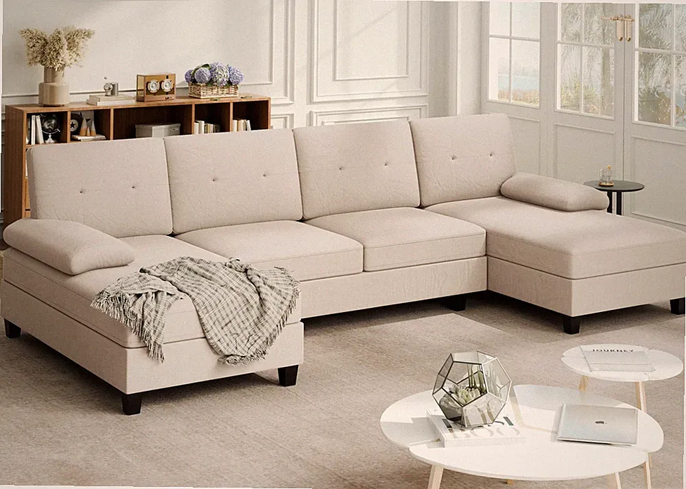 U Shaped Sectional Couch with Linen Fabric 4 Seat Sofa Removable Pillows White