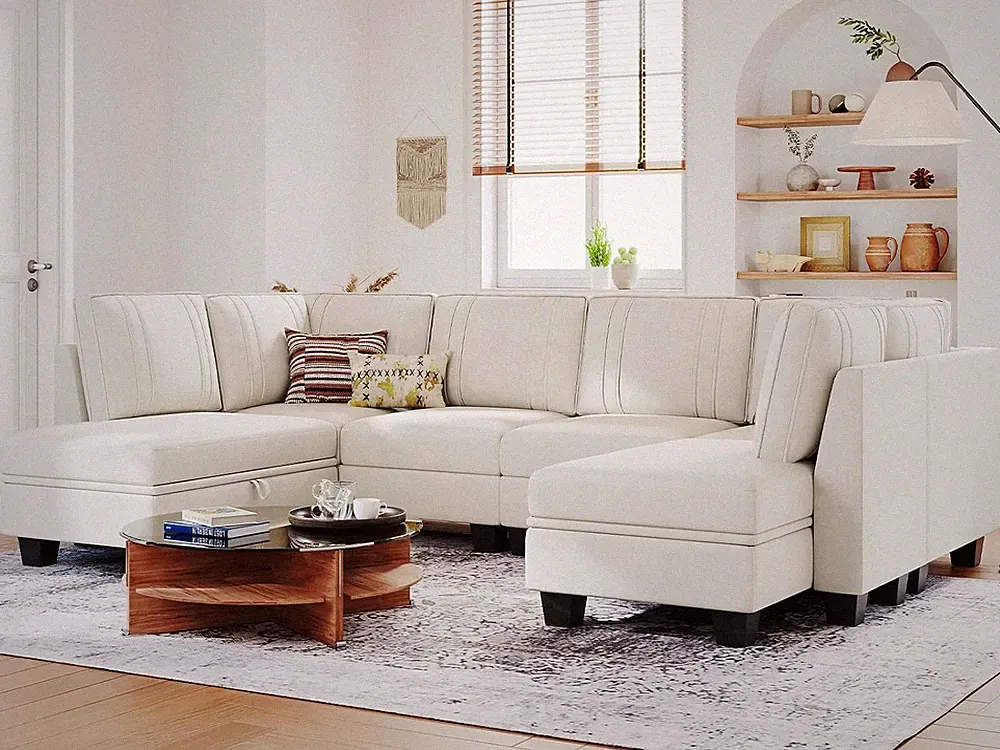 U-Shaped Sectional Couch with Storage Ottoman - Convertible, Beige