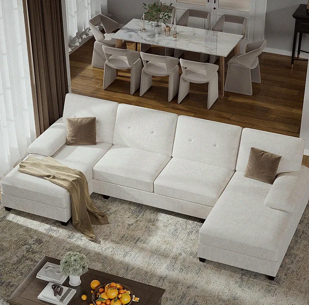 U-Shaped Sectional Couches for Living Room, 4 Seat Sofa with 105 Inch, White