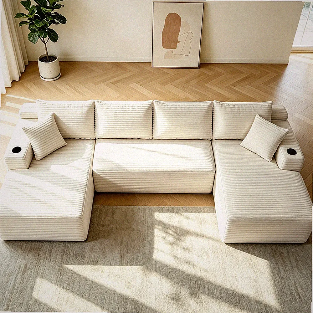 U-shaped Sectional Modular Sofa 5 Seater Cloud Boneless Couch Chaise,Cup holder