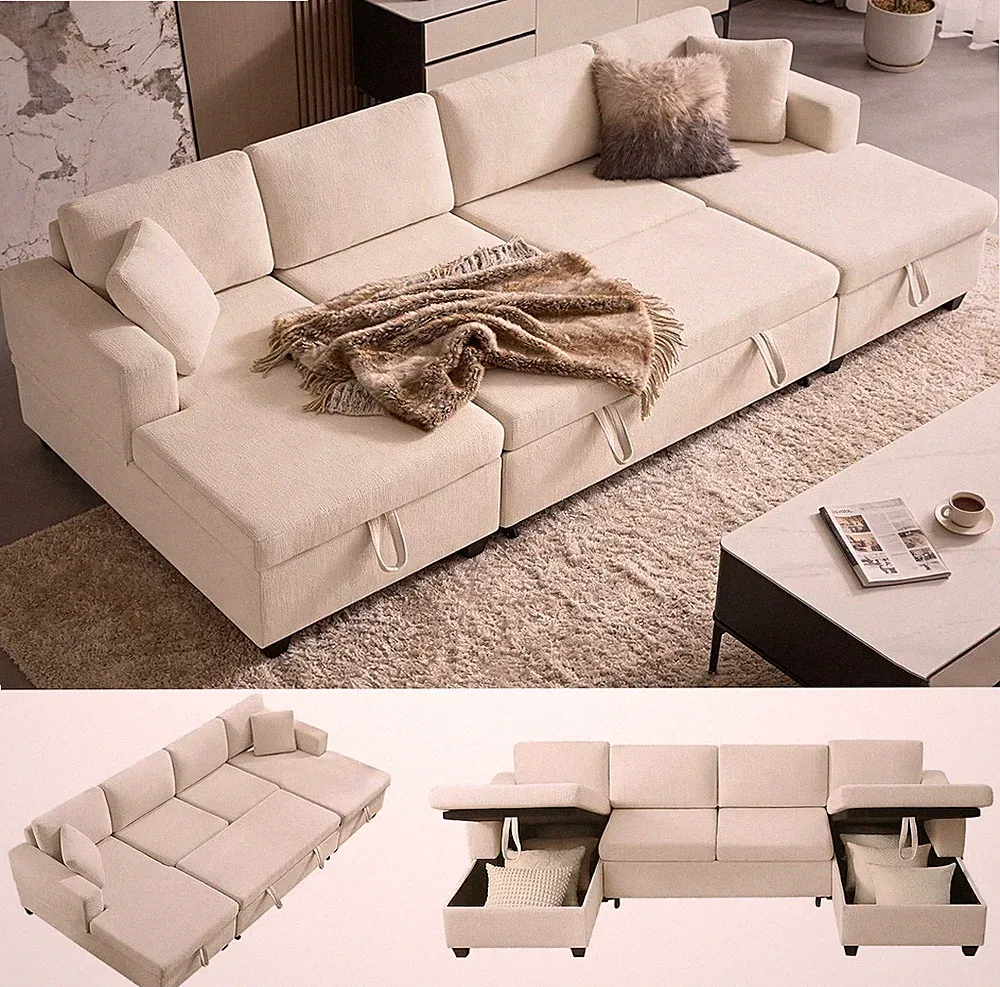 U-Shaped Sectional Sleeper Sofa with Pull Out Bed & Storages, Beige