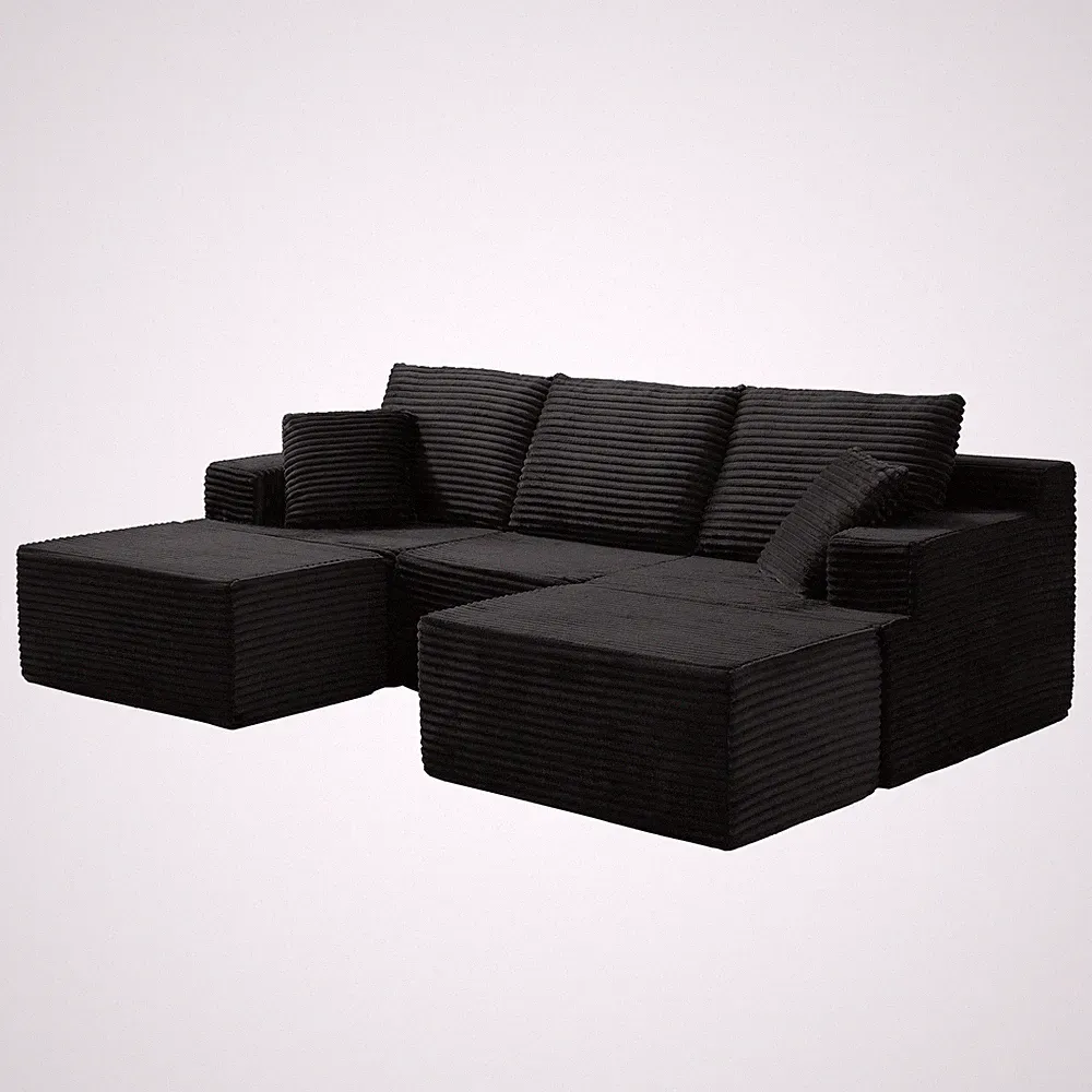 U-Shaped Sectional Sofa 103" with Memory Foam, Black Corduroy