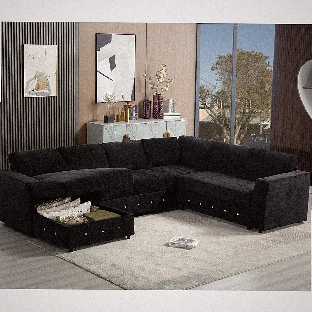 U-Shaped Sectional Sofa 110" with Storage, Modern 6-Seater Black Chenille