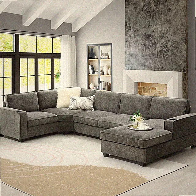 U-Shaped Sectional Sofa 117.5" 6 Seat Chenille Gray with Cup Holders