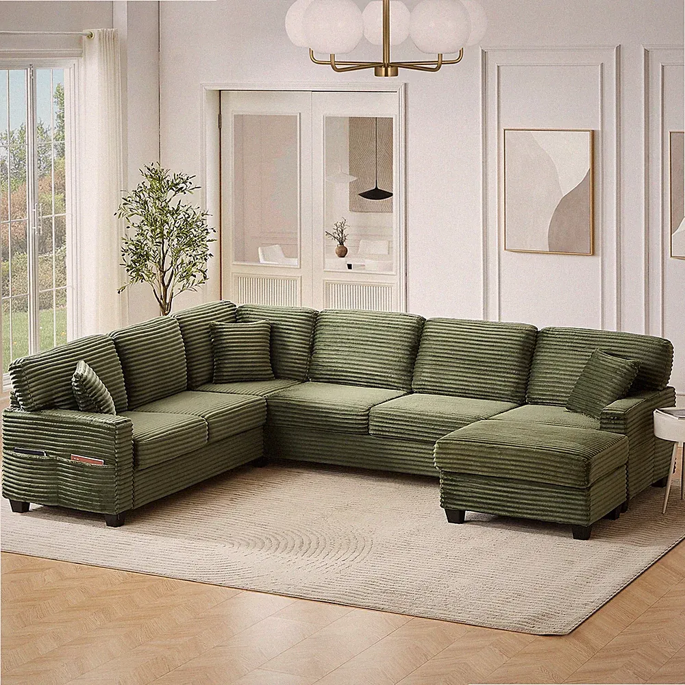 U-Shaped Sectional Sofa 125.2" L-Shaped w/ Ottoman & Storage Green