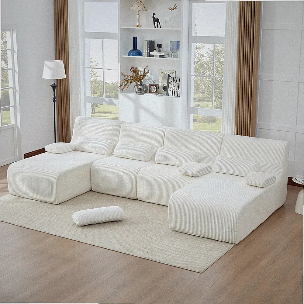 U-Shaped Sectional Sofa 132.2" Corduroy Beige for Living Room