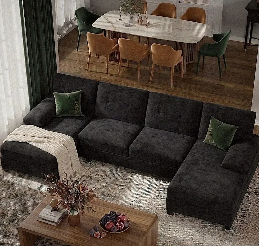 U-Shaped Sectional Sofa 4-Seat Double Chaise Lounge 105 Inch Black Wood Frame