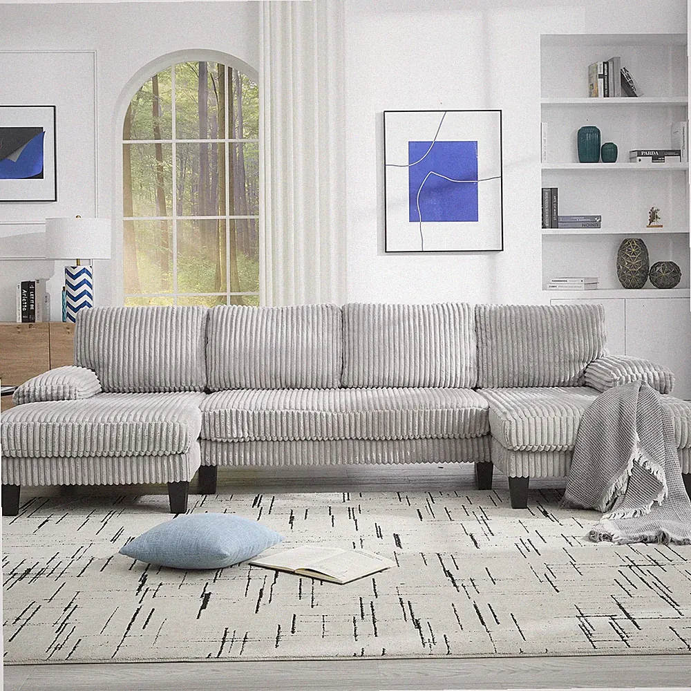 U-Shaped Sectional Sofa 4-Seat Double Chaise Velvet Couch Light Gray