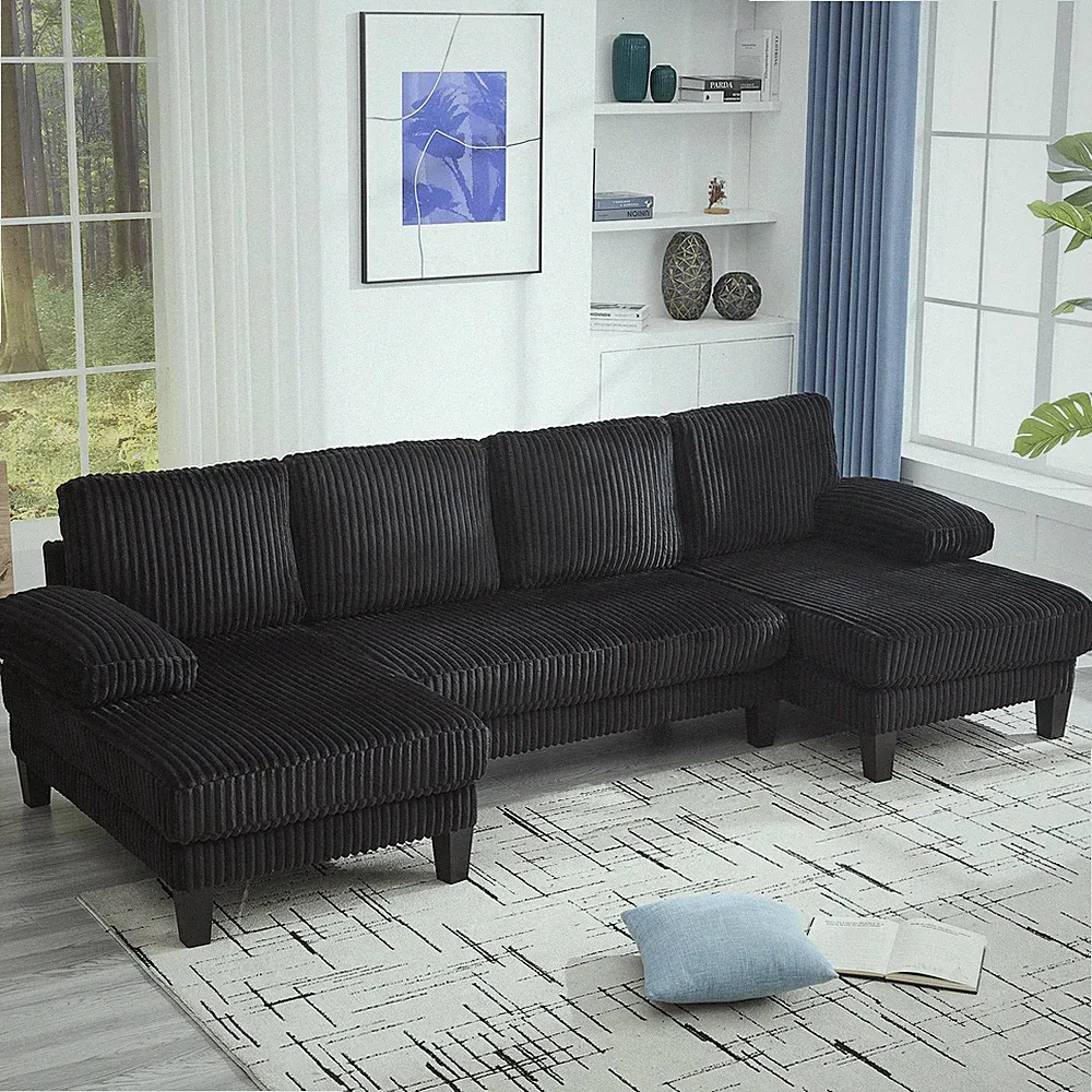 U-Shaped Sectional Sofa 4-Seat Double Chaise Velvet Fabric Black