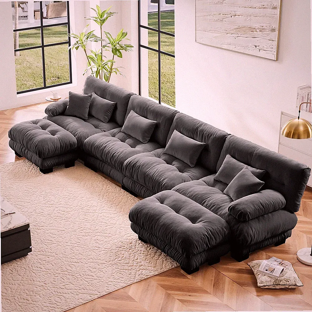 U-Shaped Sectional Sofa, 4-Seater Cloud Couch w/ 2 Gray Chenille Ottomans