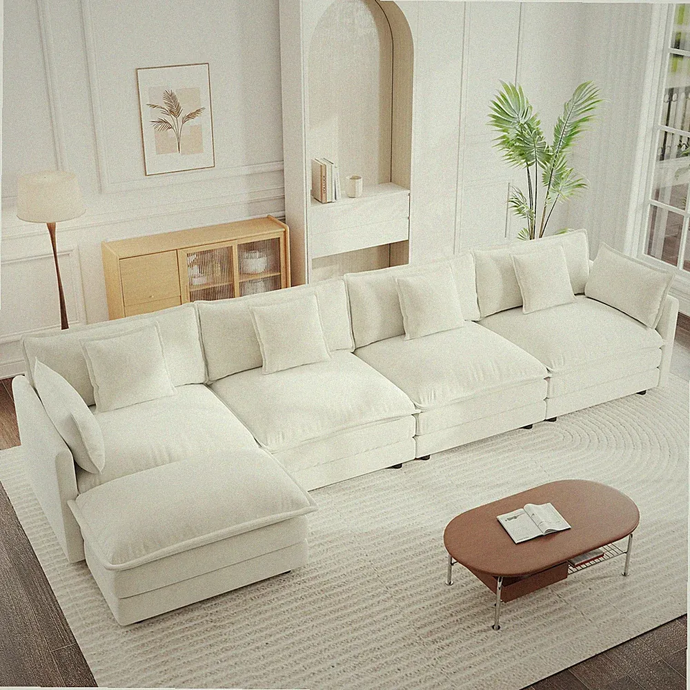U-Shaped Sectional Sofa, 4-Seater Convertible with Ottoman, White Chenille