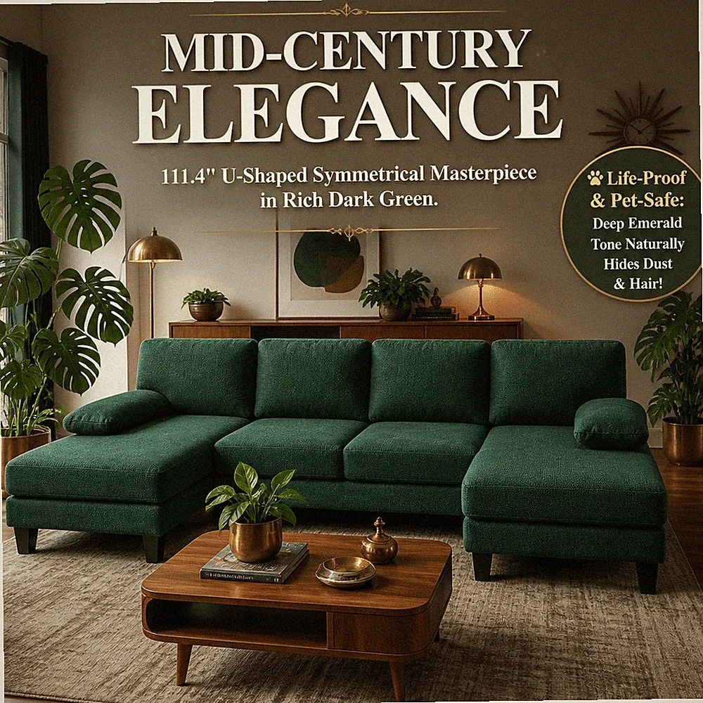 U Shaped Sectional Sofa 4 Seater Modular Couch Washable Cover 2 Chaise Dark Gree