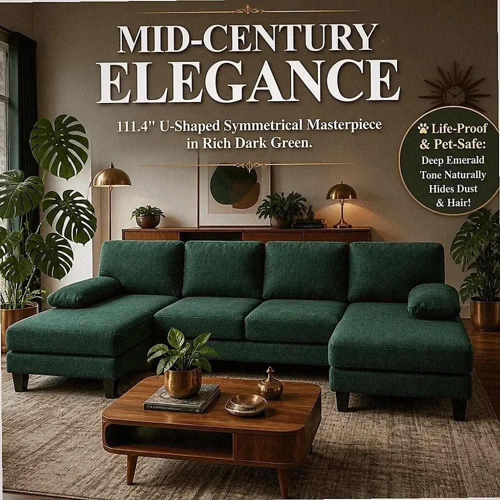 U Shaped Sectional Sofa 4 Seater Modular Couch Washable Cover 2 Chaise Dark Gree