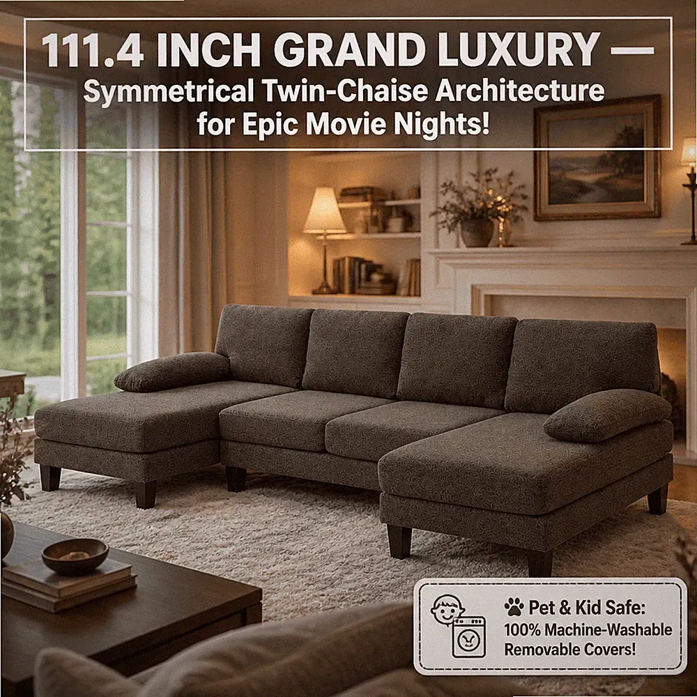 U Shaped Sectional Sofa 4 Seater Modular Couch Washable Cover 2 Chaise Deep Brow