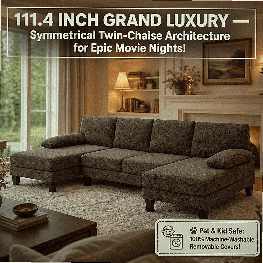 U Shaped Sectional Sofa 4 Seater Modular Couch Washable Cover 2 Chaise Deep Brow