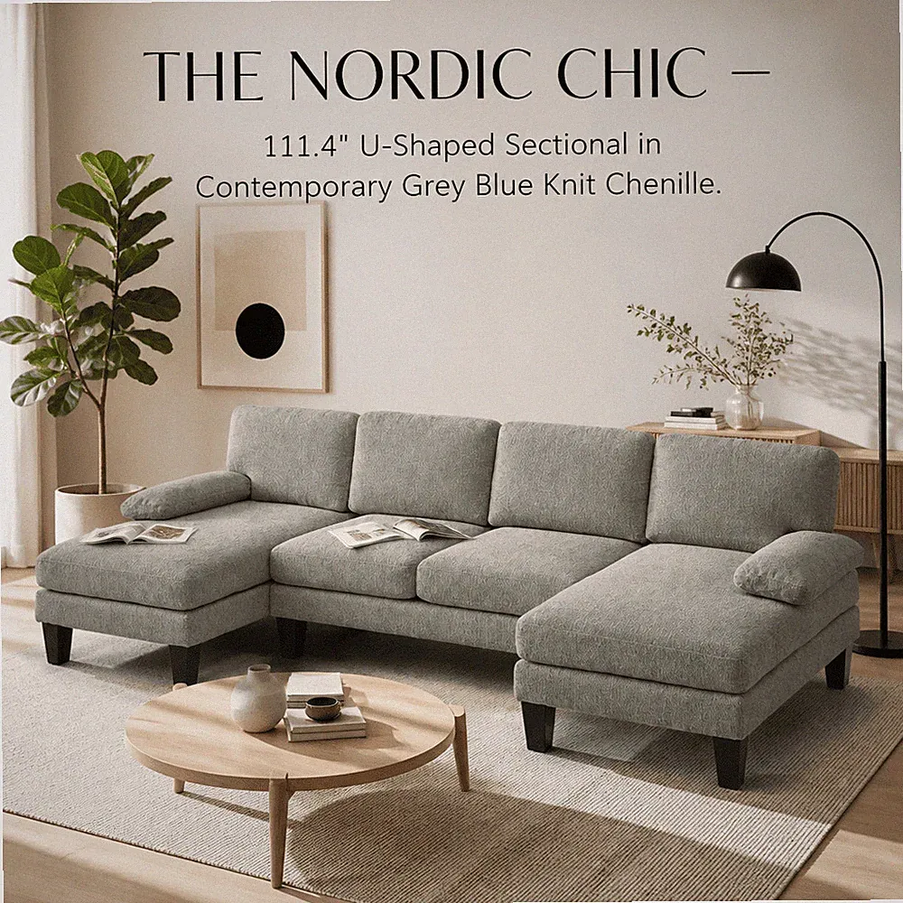 U Shaped Sectional Sofa 4 Seater Modular Couch Washable Cover 2 Chaise Grey