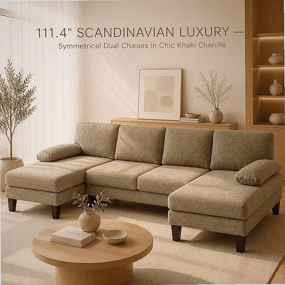 U Shaped Sectional Sofa 4 Seater Modular Couch Washable Cover 2 Chaise Lounges