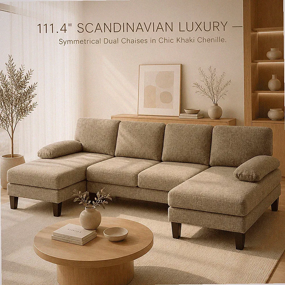 U Shaped Sectional Sofa 4 Seater Modular Couch Washable Cover 2 Chaise Lounges