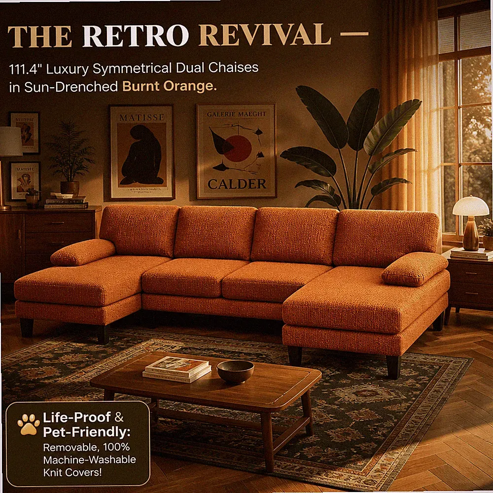 U Shaped Sectional Sofa 4 Seater Modular Couch Washable Cover 2 Chaise Orange