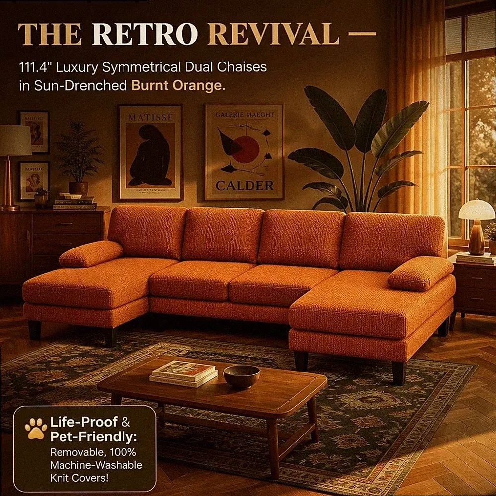 U Shaped Sectional Sofa 4 Seater Modular Couch Washable Cover 2 Chaise Orange