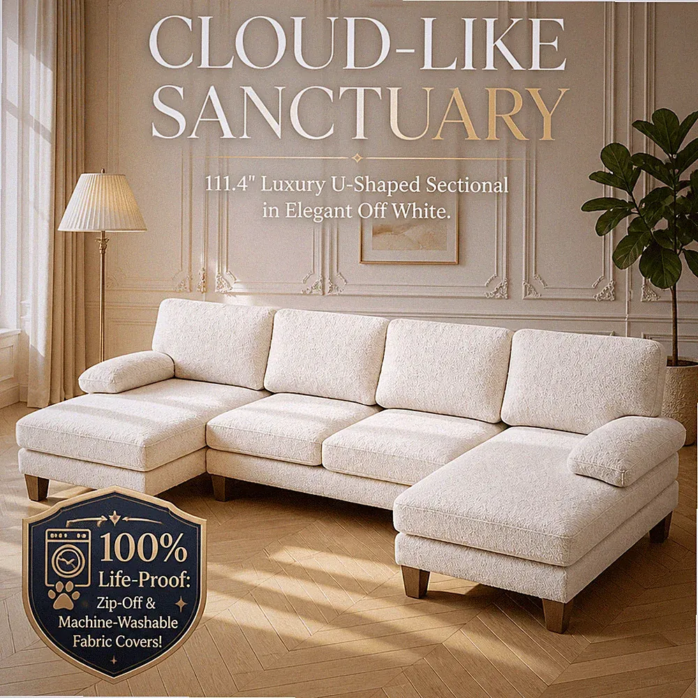 U Shaped Sectional Sofa 4 Seater Modular Couch Washable Cover 2 Chaise White