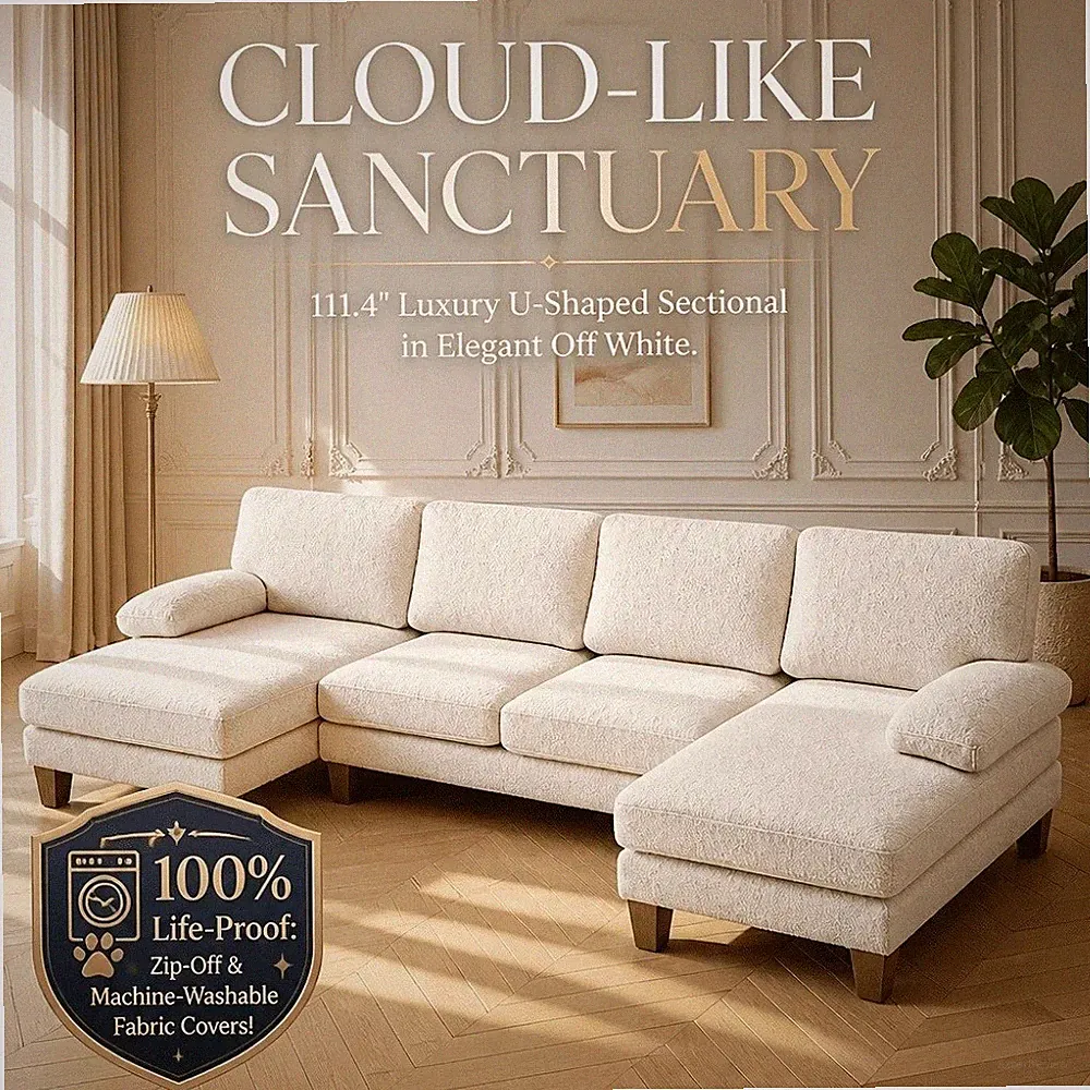 U Shaped Sectional Sofa 4 Seater Modular Couch Washable Cover 2 Chaise White