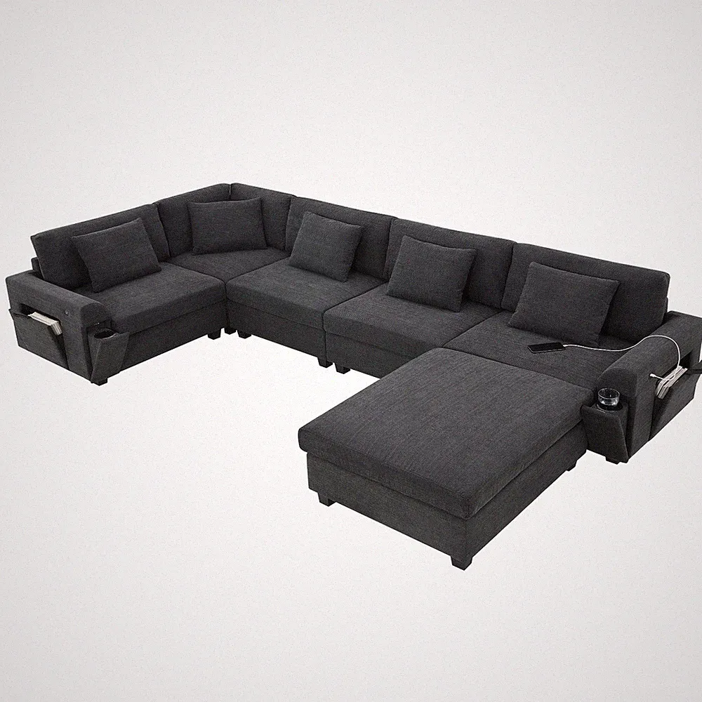 U Shaped Sectional Sofa 6 Seat Chenille Modular Couch With Cup Holders USB Ports