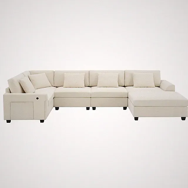 U Shaped Sectional Sofa 6 Seat Chenille Modular Couch With Cup Holders USB Ports