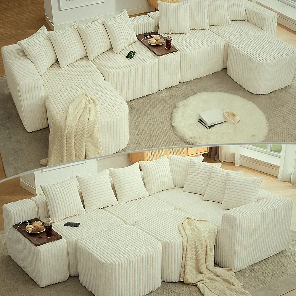 U-Shaped Sectional Sofa 6-Seater with Wireless Charging and Coffee Table