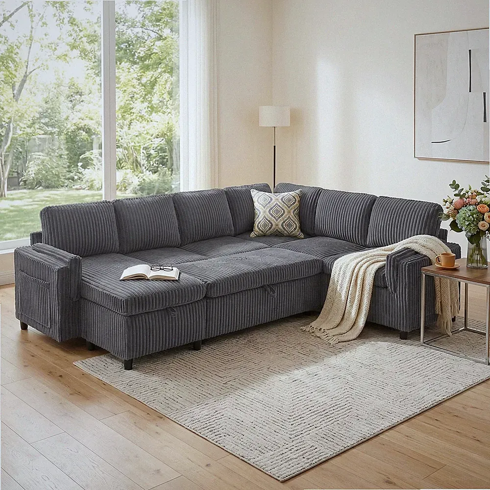 U-Shaped Sectional Sofa Bed 111" with Storage & USB Ports, Grey