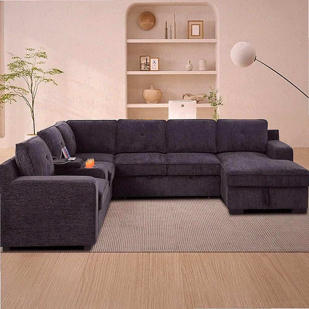 U-Shaped Sectional Sofa Bed Pull Out Sleeper Couch & Storage Chaise in Dark Gray