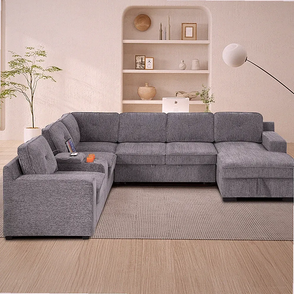 U-Shaped Sectional Sofa Bed Pull Out Sleeper Couch &Storage Chaise in Light Gray