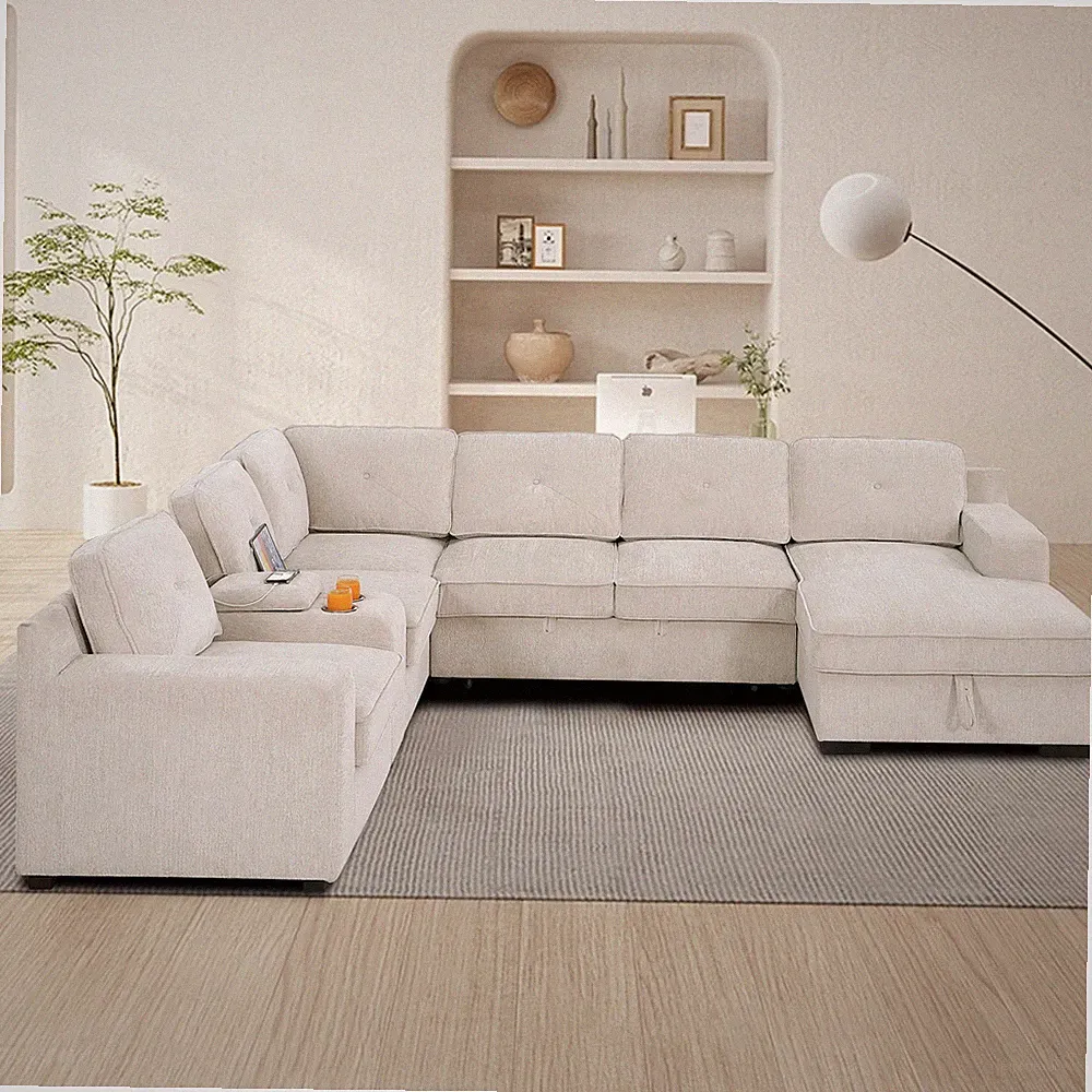 U-Shaped Sectional Sofa Bed Pull Out Sleeper Couch With Storage Chaise In Beige
