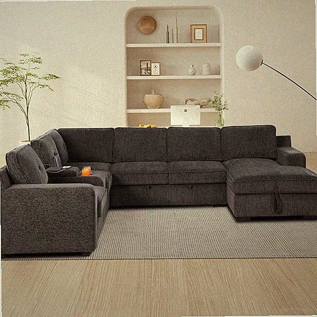 U-Shaped Sectional Sofa Bed Pull Out Sleeper Couch With Storage Chaise in Brown