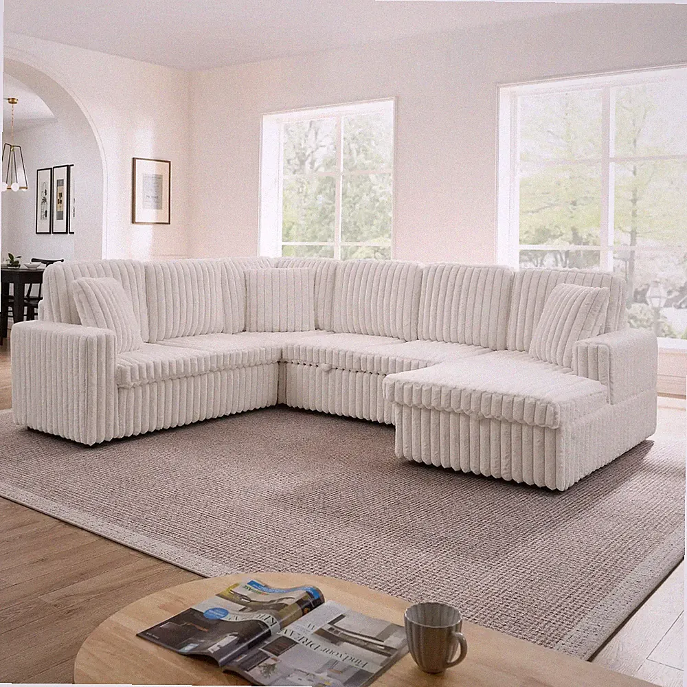 U-Shaped Sectional Sofa Bed with Pull-out Sleeper and Storage Beige