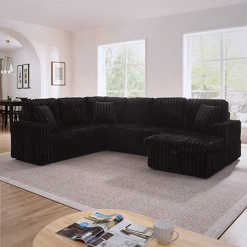 U-Shaped Sectional Sofa Bed with Pull-out Sleeper and Storage Black
